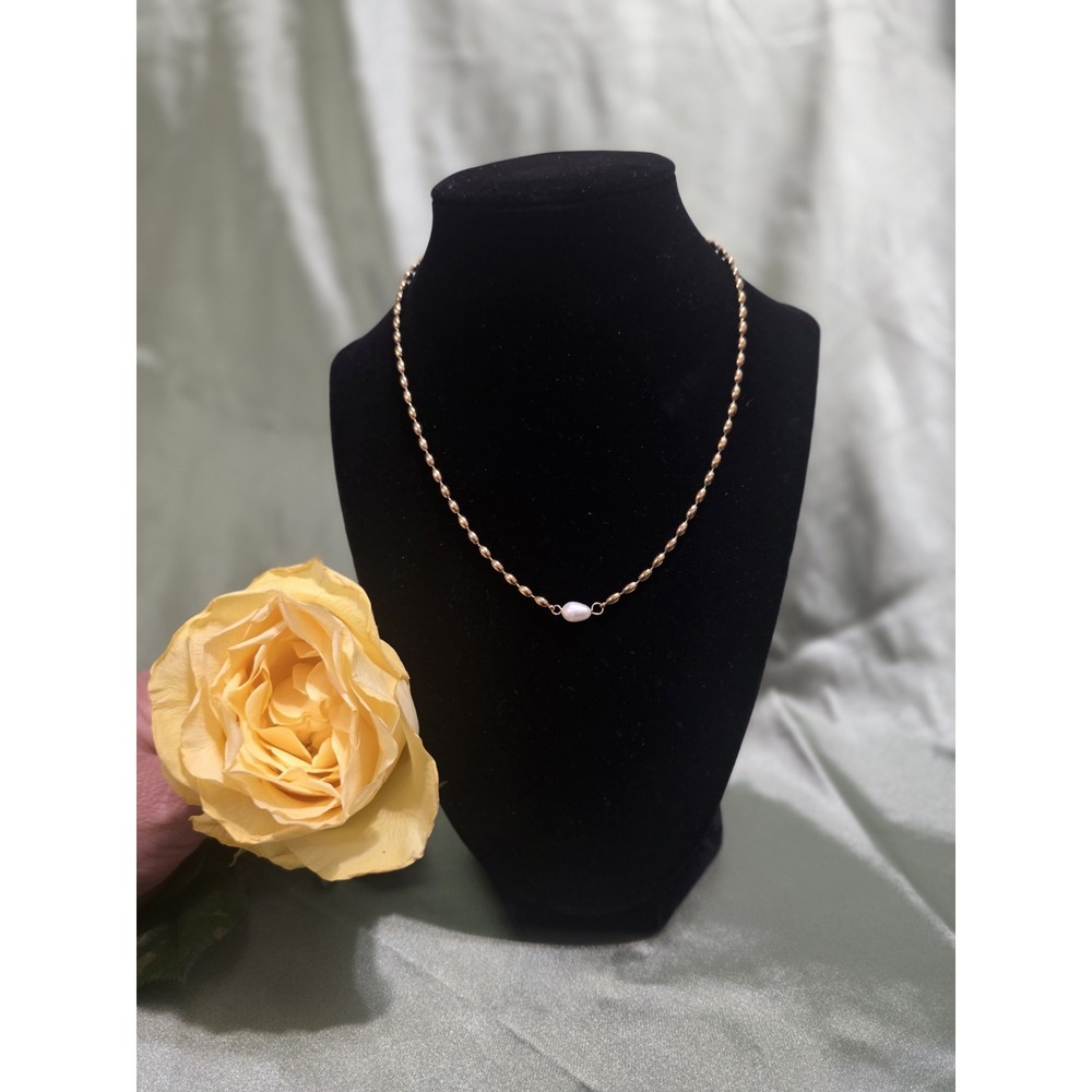 Gold Tone Stainless Steel Beaded Chain Necklace White Pearl Lobster 17-18" - Picture 2 of 9